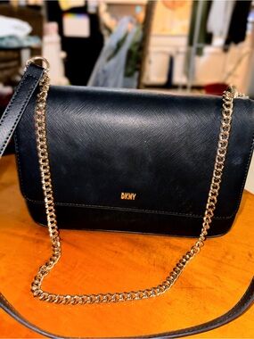 DKNY Black Leather Crossbody with Gold Chain Strap